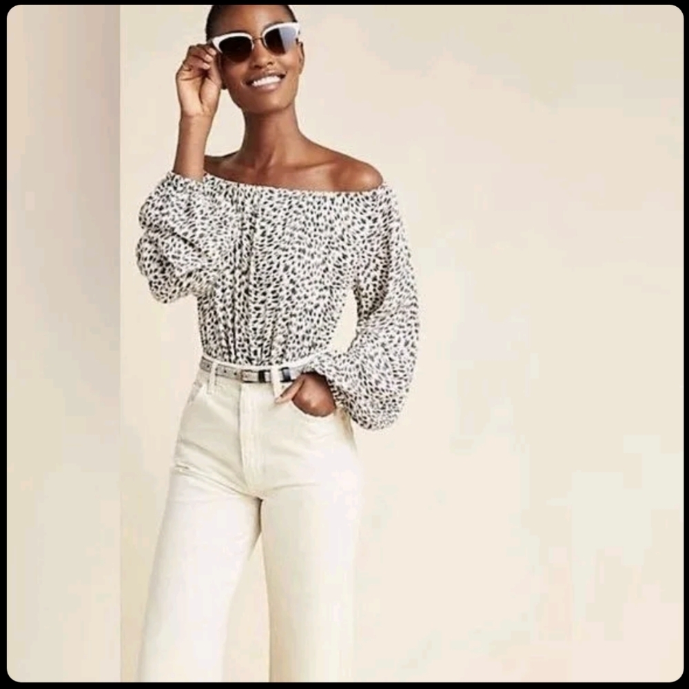 Anthropologie Top XS Cascais Off Shoulder Leopard Print